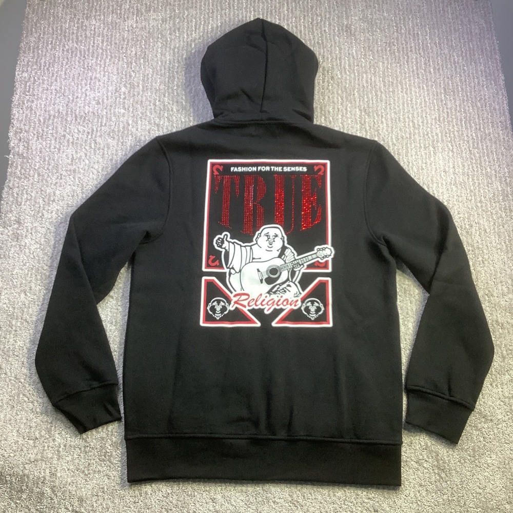 True Religion Mens Buddha Card Zip Hoodie Black Rhinestone Graphic Size M NWT